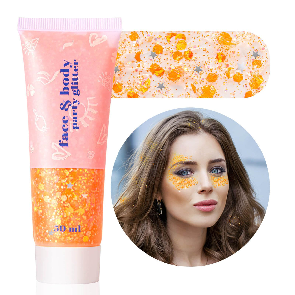 MEICOLY Orange Body Glitter Gel on collarbones