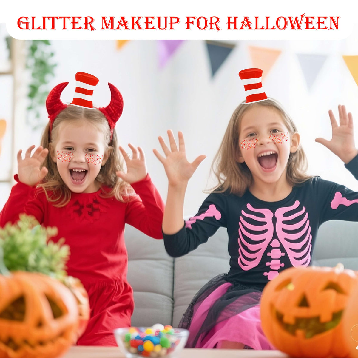 MEICOLY Red Face Glitter alongside book-themed decorations