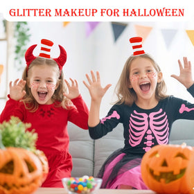 MEICOLY Red Face Glitter alongside book-themed decorations