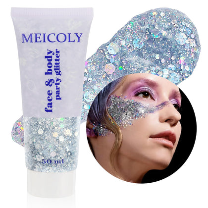 MEICOLY Silver Body Glitter 50g front view with holographic sequins