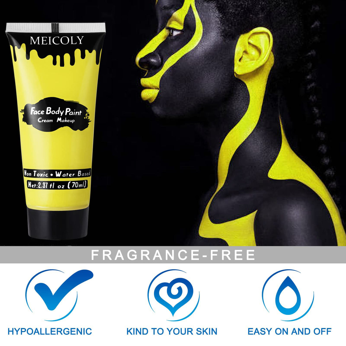 MEICOLY Yellow Face Body Paint on a model at a party