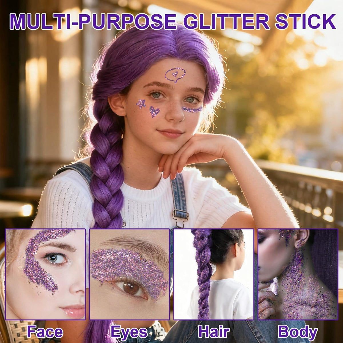Meilury Halloween Body Glitter Stick applied on skin for a sparkling effect