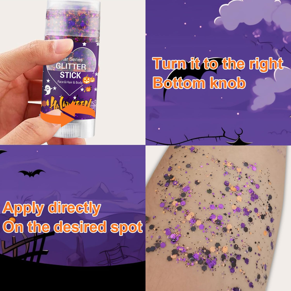Meilury Halloween Body Glitter Stick displayed with other makeup products