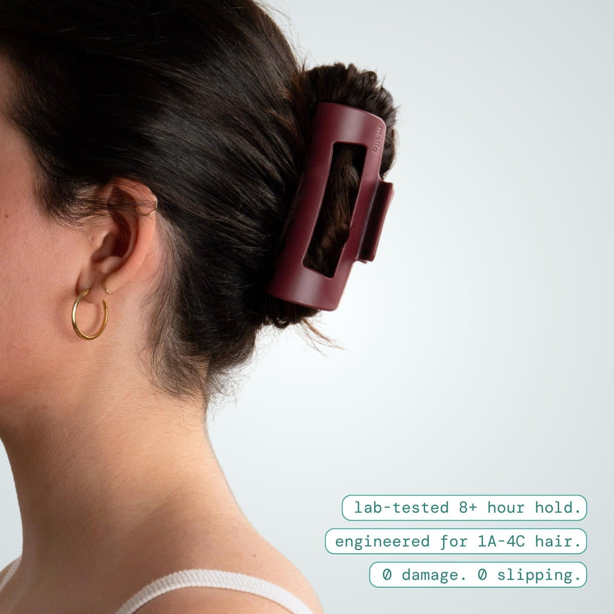 MELLO Medium Hair Clip on a model with thick hair