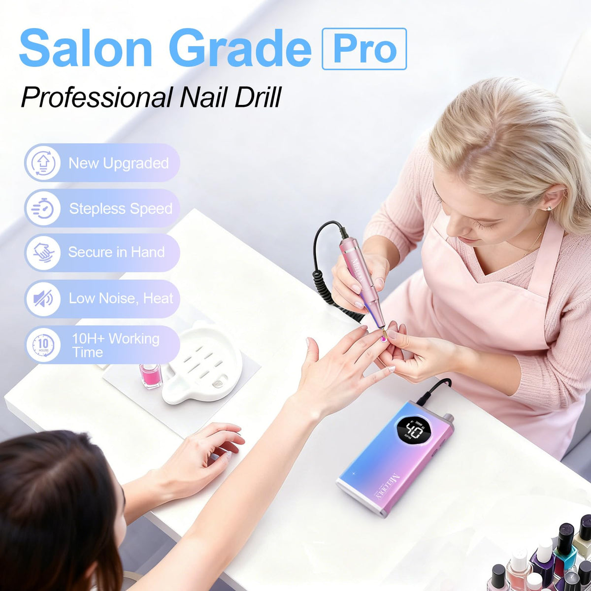 Melodly nail drill showing LCD display and drill bits