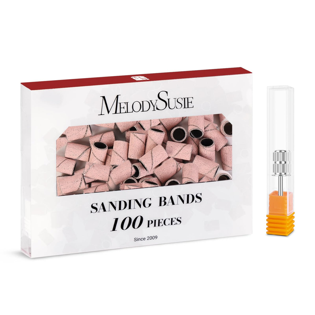 MelodySusie 100 Pcs Nail Drill Bits Sanding Bands packaging front view