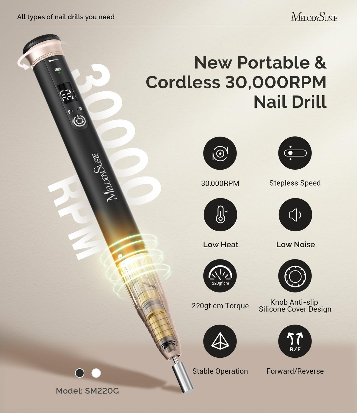 MelodySusie Cordless Nail Drill SM220G with LED display