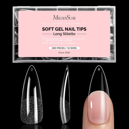 MelodySusie Long Almond Stiletto Nail Tips front view with packaging