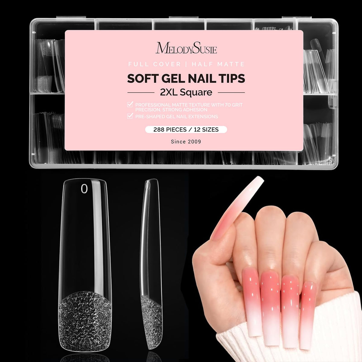 MelodySusie Long Square X Nail Tips 288Pcs packaging front view