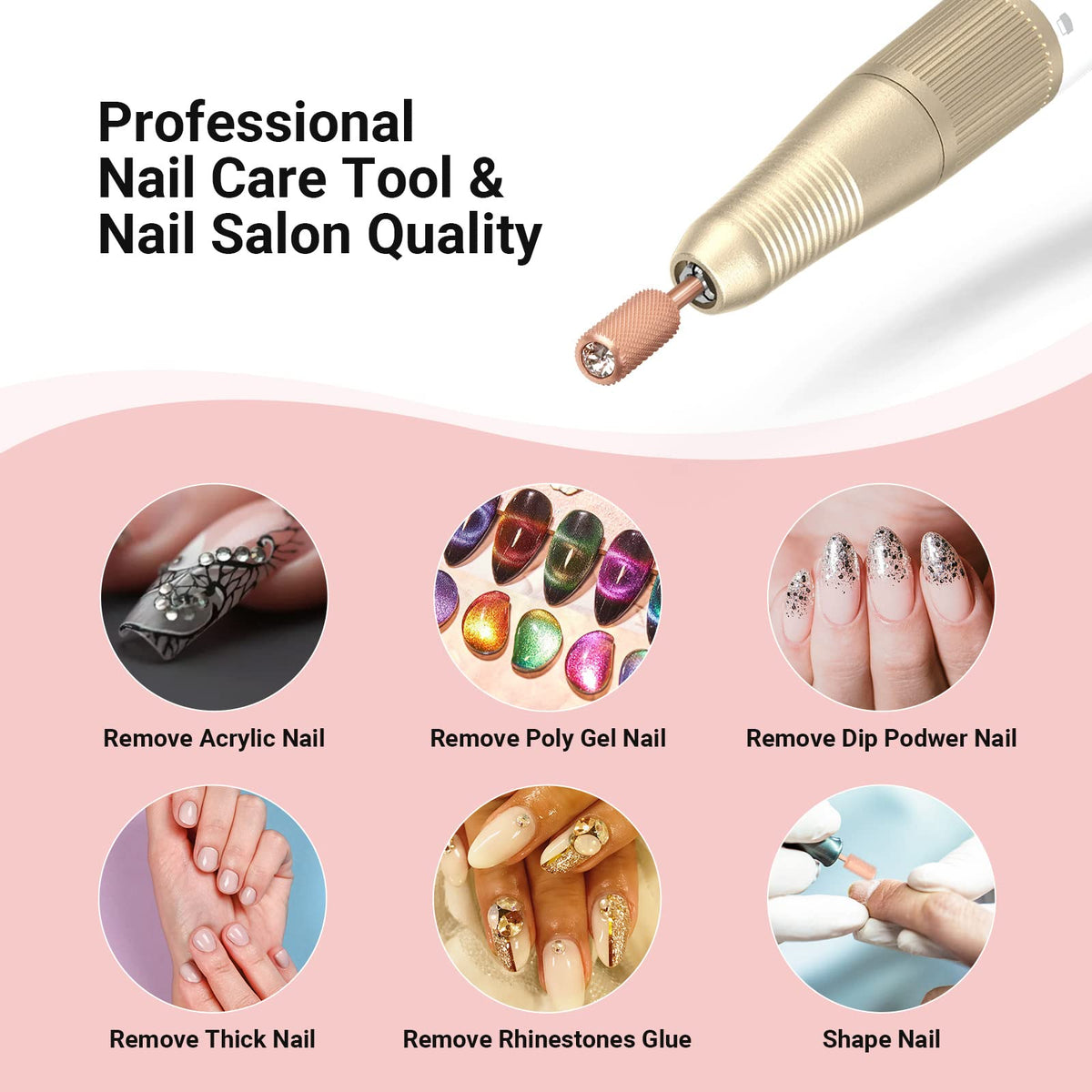 MelodySusie Nail Drill Bits Rose Gold used on nails