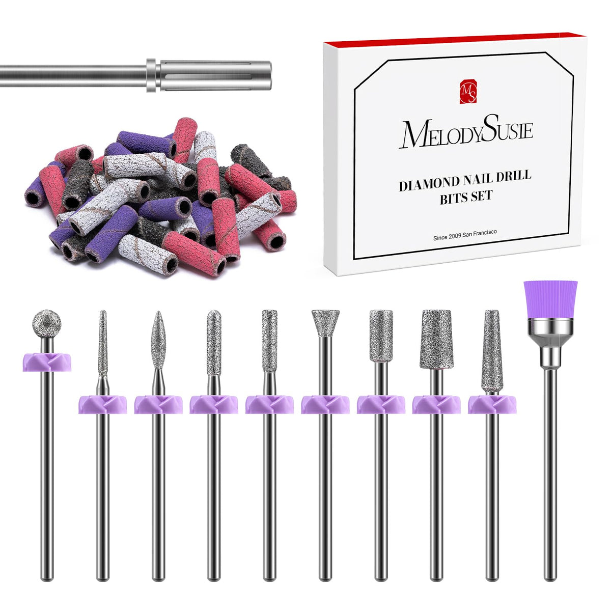 MelodySusie Nail Drill Bits Set front view with diamond bits and sanding bands
