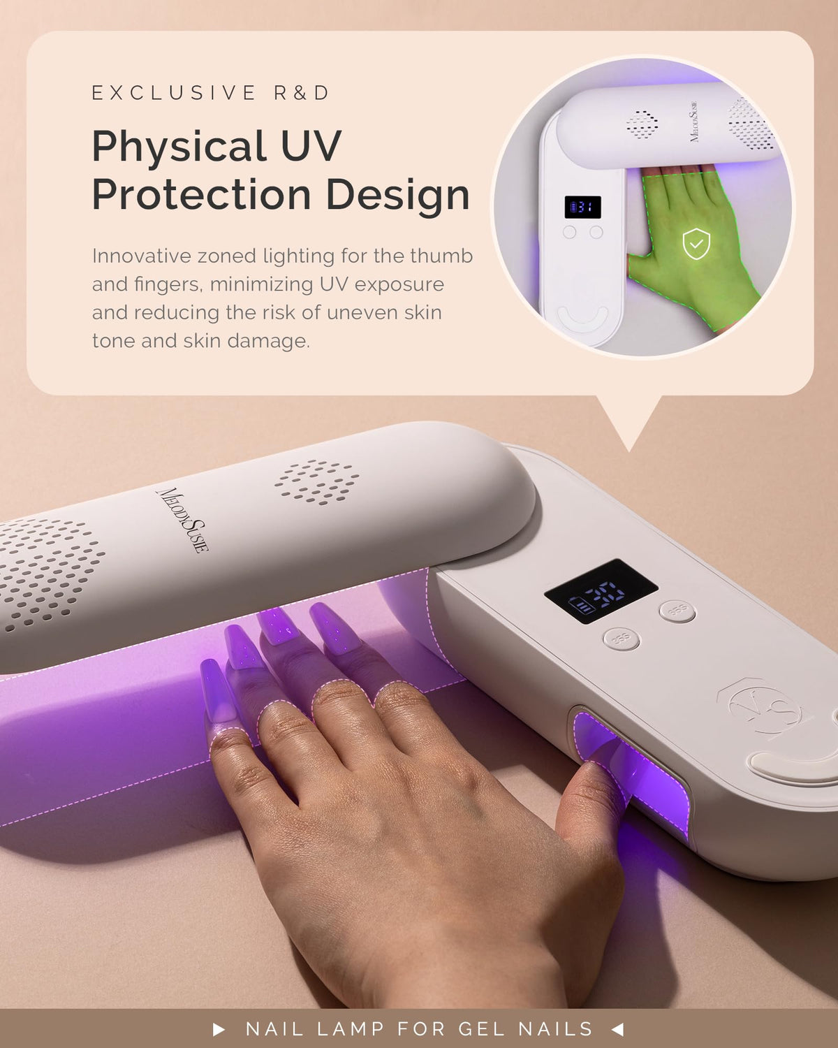 MelodySusie P-PLUS20F Cordless UV Nail Lamp showing timer settings