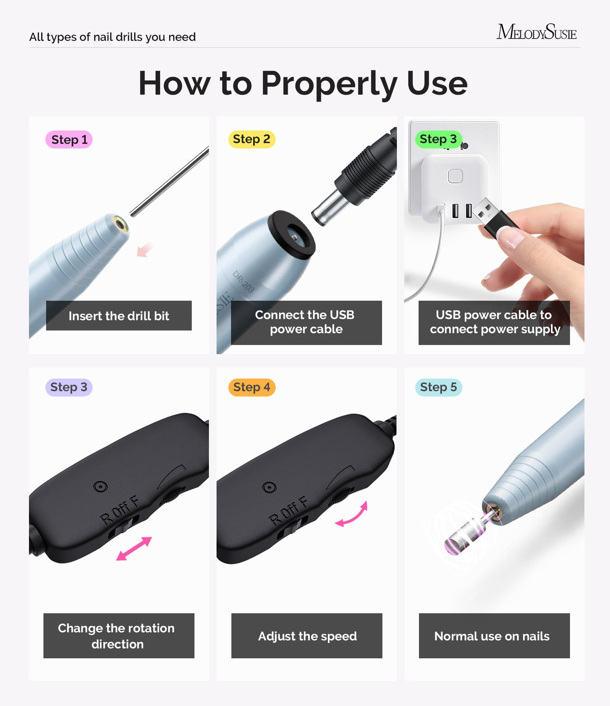 MelodySusie USB Nail Drill PC120I showing adjustable speed settings