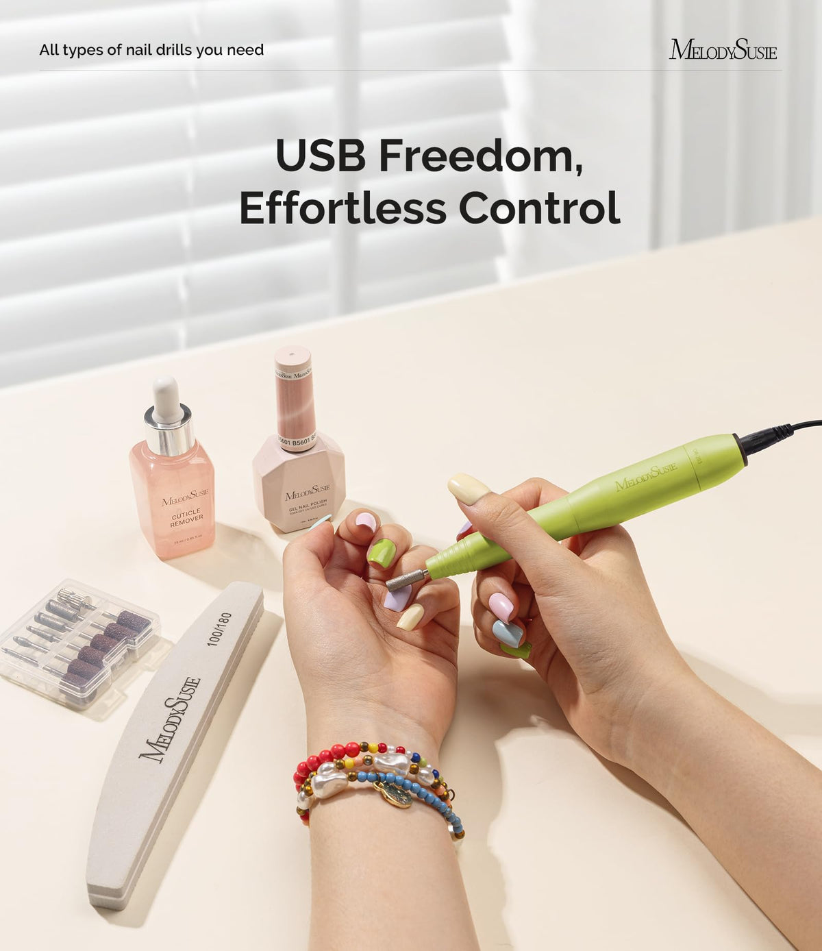 MelodySusie USB Nail Drill PC120I showing adjustable speed settings