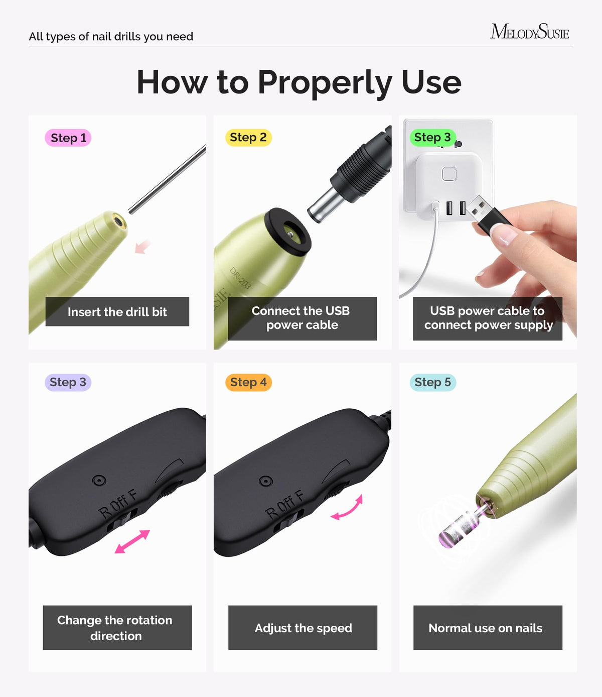 MelodySusie USB Nail Drill PC120I with power adapter