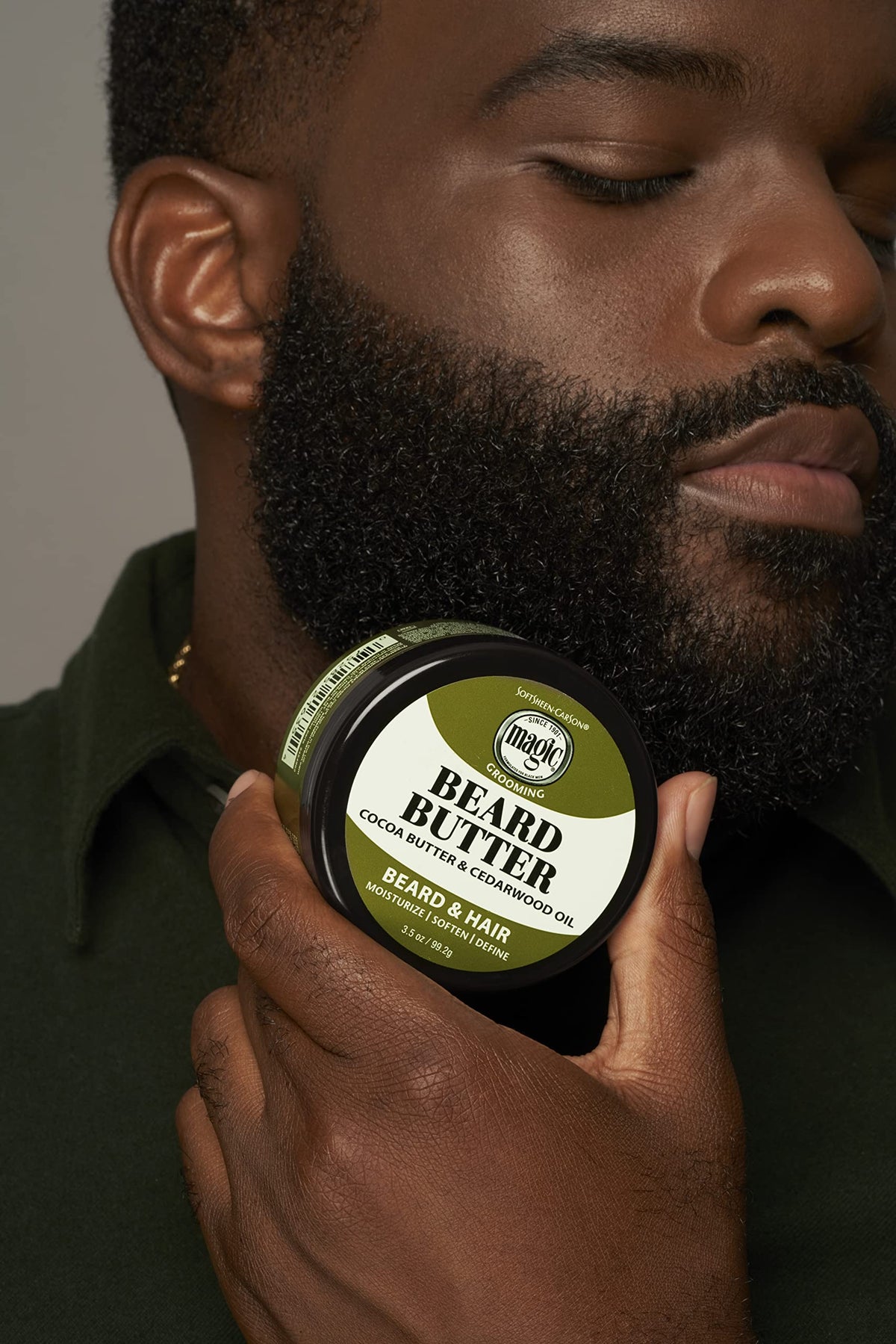 Men using SoftSheen grooming kit in bathroom