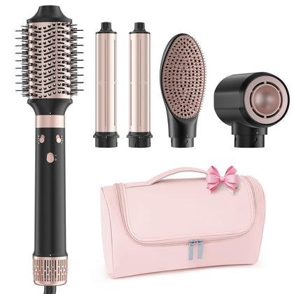 MESCOMB 5-in-1 Dual Voltage Hair Dryer Brush front view in black and pink