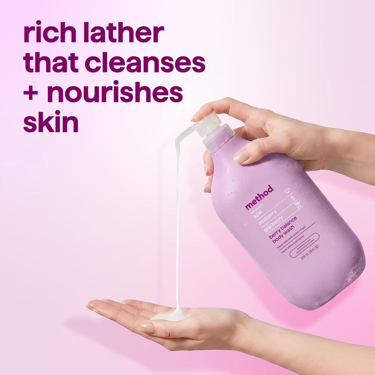 Method Body Wash Berry Balance 28 fl oz on a bathroom shelf