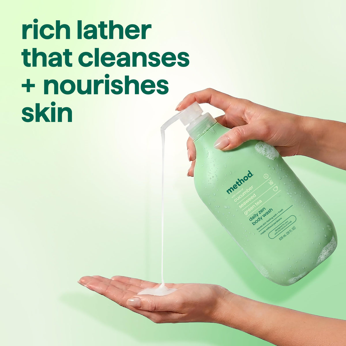 Method Body Wash Daily Zen 28 fl oz with lather on loofah