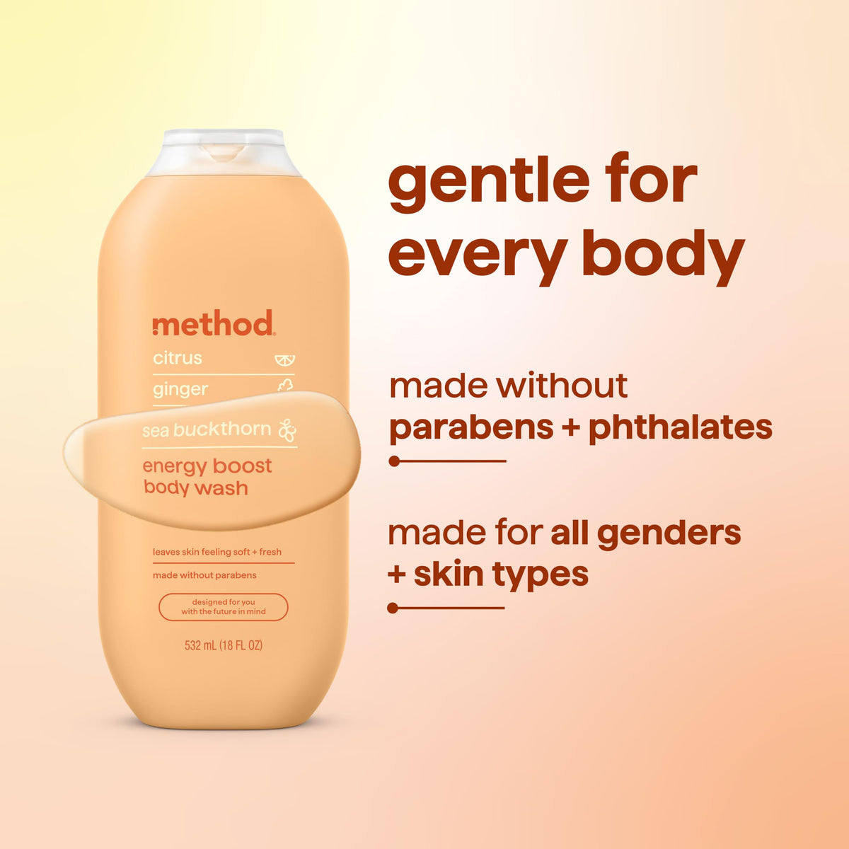 Method Body Wash Energy 18 fl oz on a shower shelf