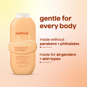 Method Body Wash Energy 18 fl oz on a shower shelf