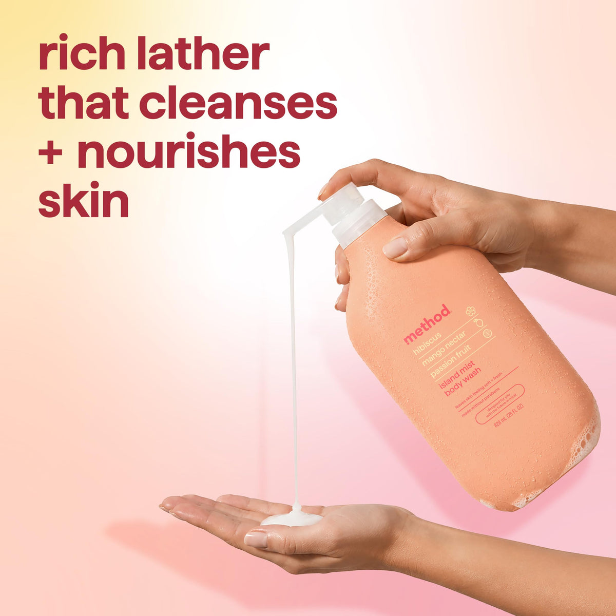 Method Body Wash Island Mist lathering on a loofah