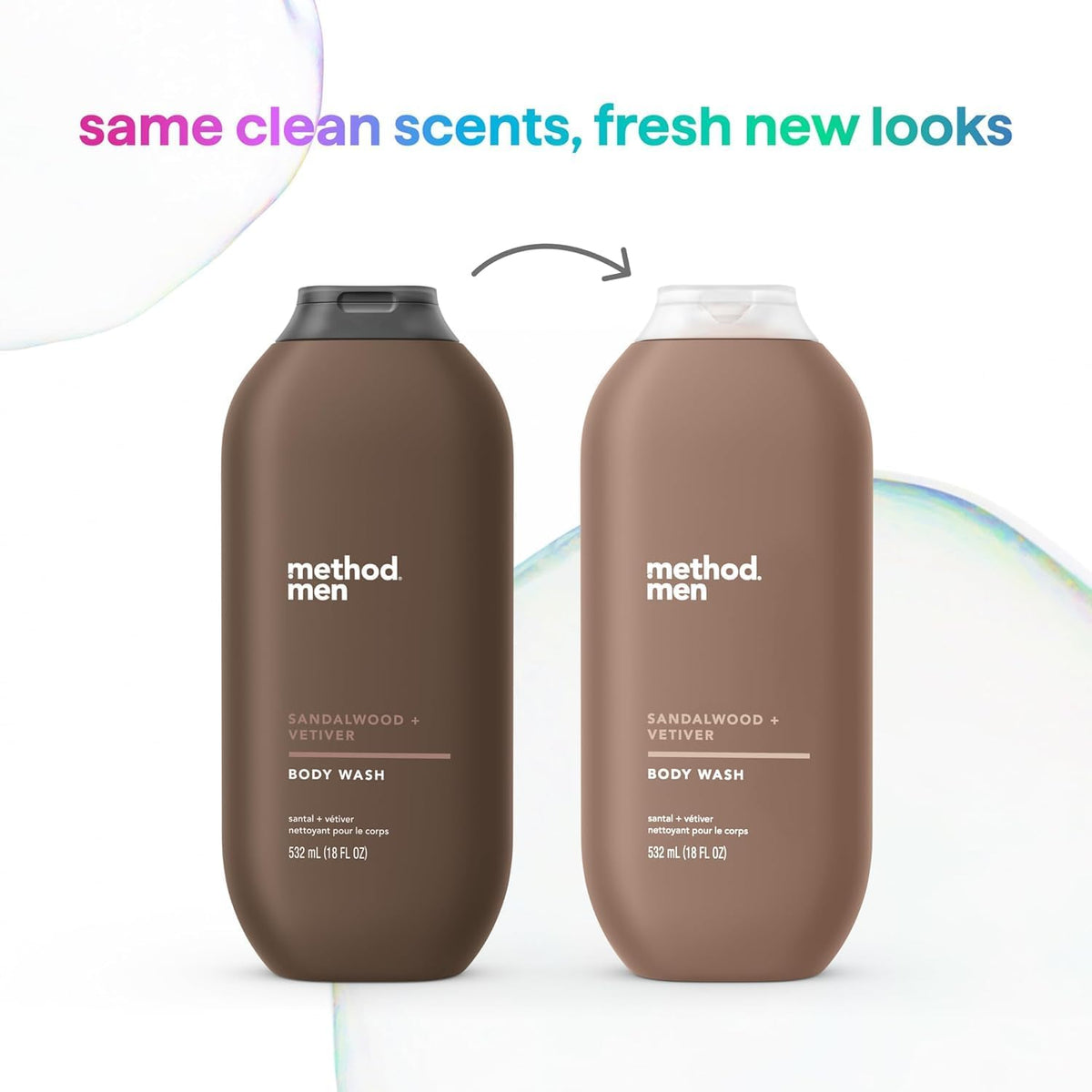 Method Body Wash Sandalwood + Vetiver pouring into loofah