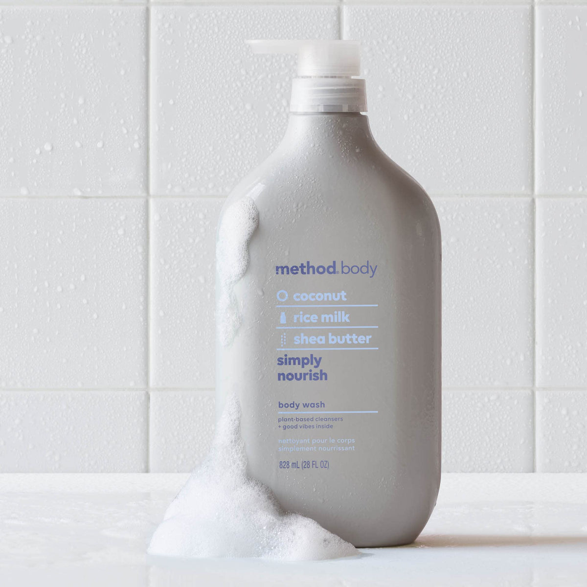 Method Body Wash Simply Nourish 28 fl oz on a bathroom shelf