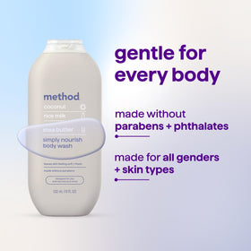 Method Body Wash Simply Nourish 3 pack displayed on a bathroom shelf