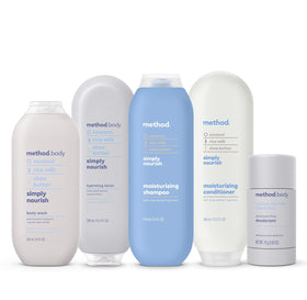 Method Daily Lotion Simply Nourish 14 oz bottle in a bathroom setting