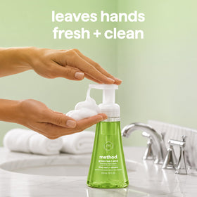 Method Foaming Hand Wash Green Tea + Aloe in use at kitchen counter