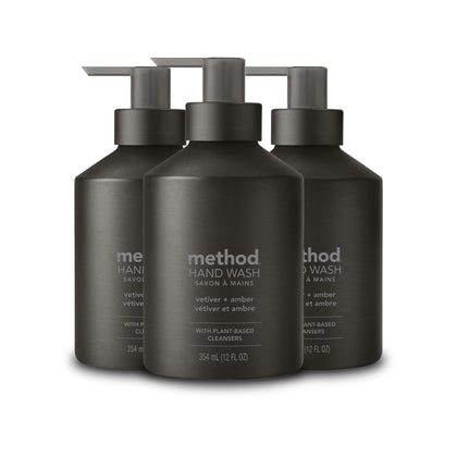 Method Gel Hand Soap Vetiver + Amber 12 oz black aluminum bottle front view