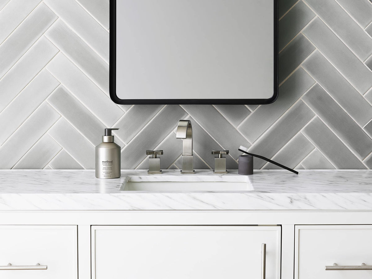 Method Gel Hand Soap Violet + Lavender bottle in a bathroom setting