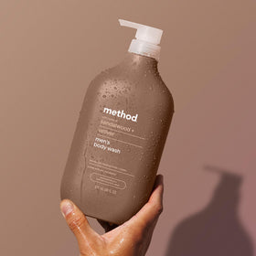 Method Men Body Wash Sandalwood and Vetiver in a shower setting