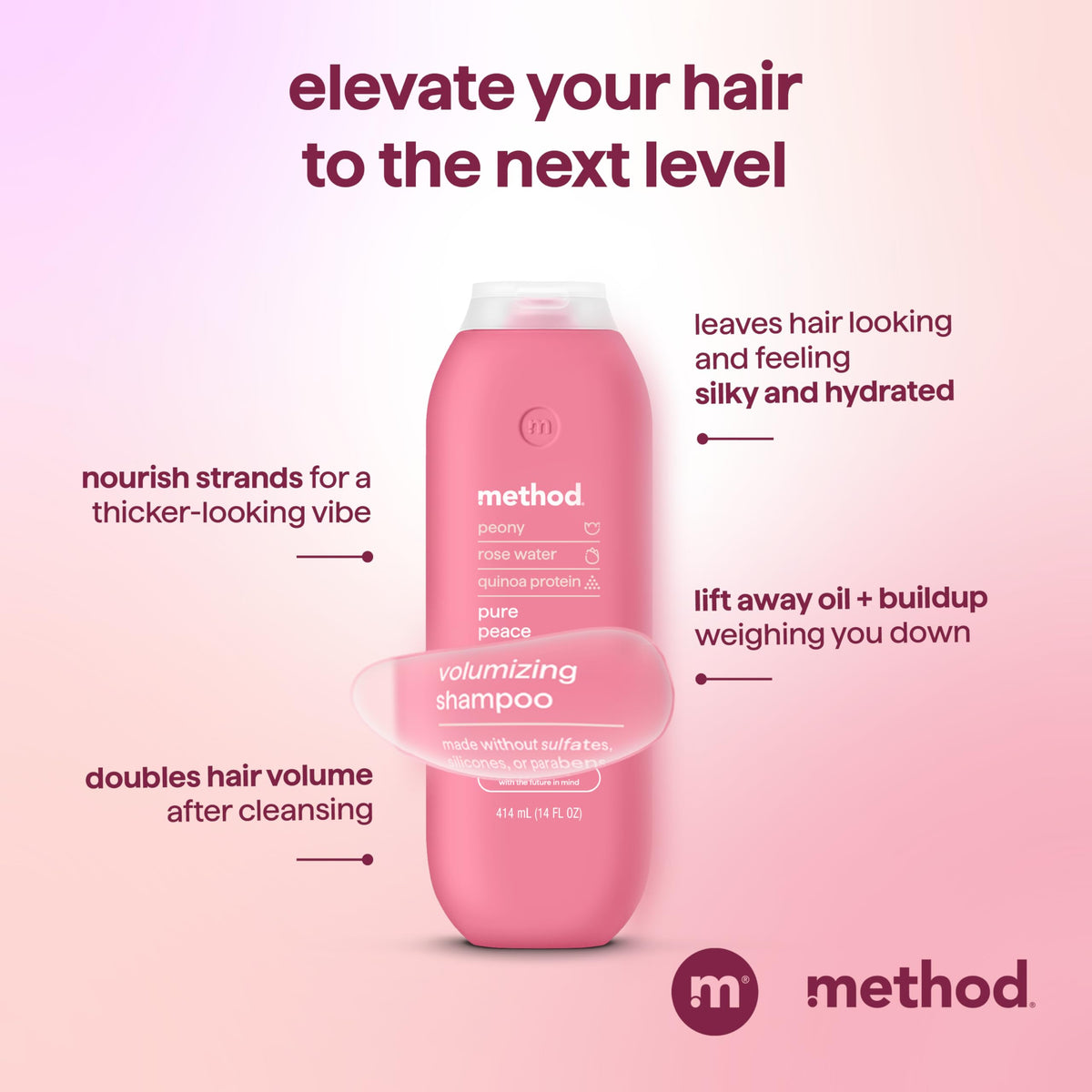 Method Pure Peace Volumizing Shampoo 14 oz with floral background
