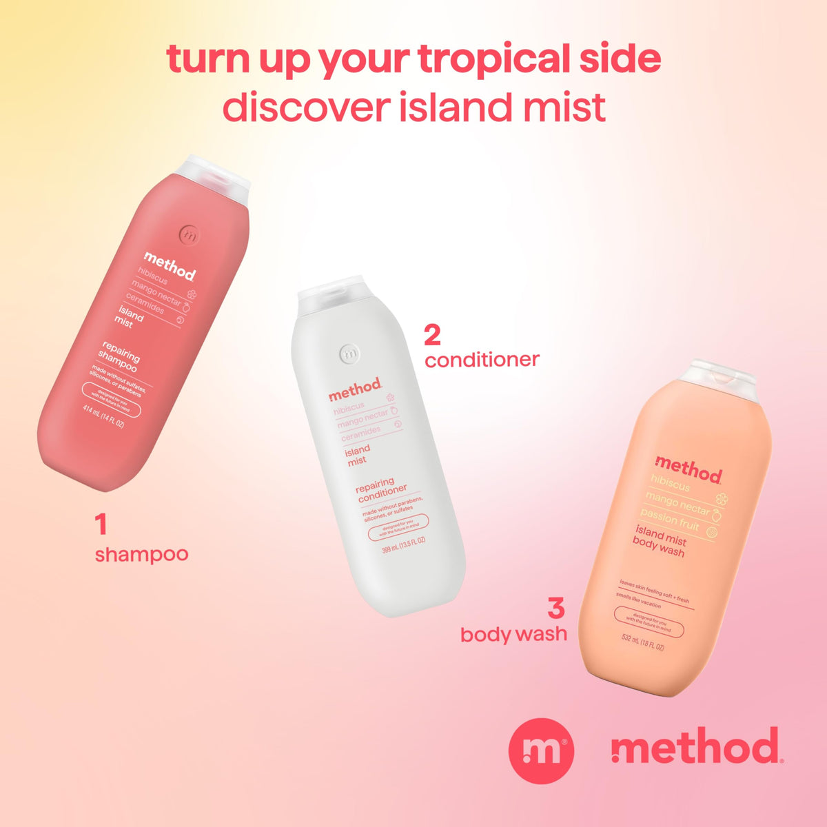 Method Repairing Shampoo Island Mist on a bathroom counter