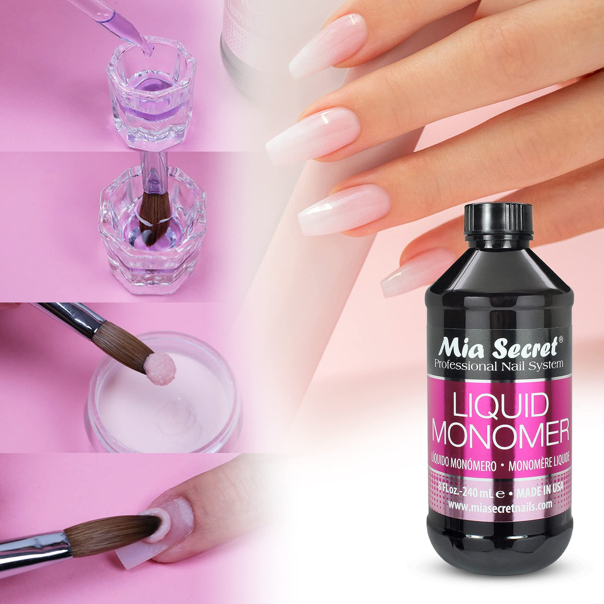 Mia Secret Liquid Monomer 4 oz with acrylic nails application tools