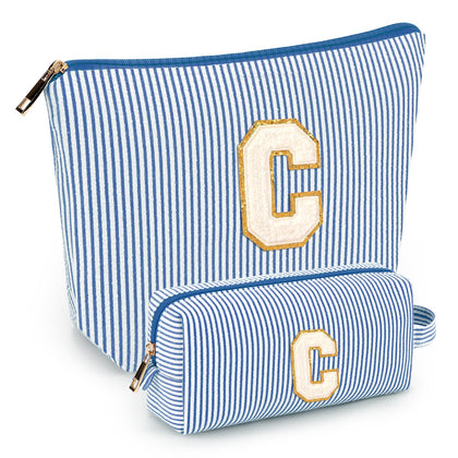 mibasies 2 PCS Initial Makeup Bags in Blue front view