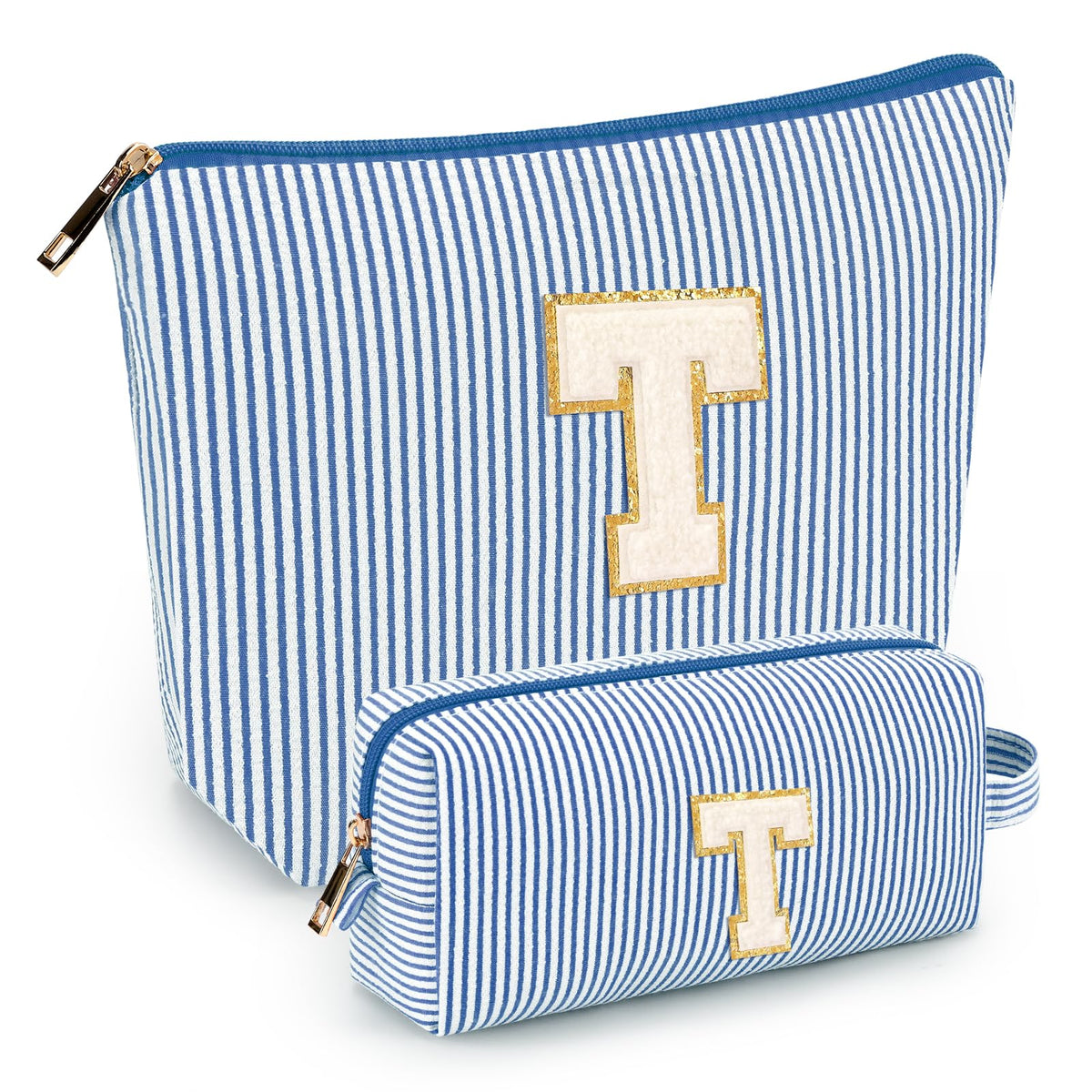 mibasies blue cosmetic bag front view with alphabet design