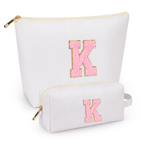 mibasies cosmetic bag in white with alphabet letters front view