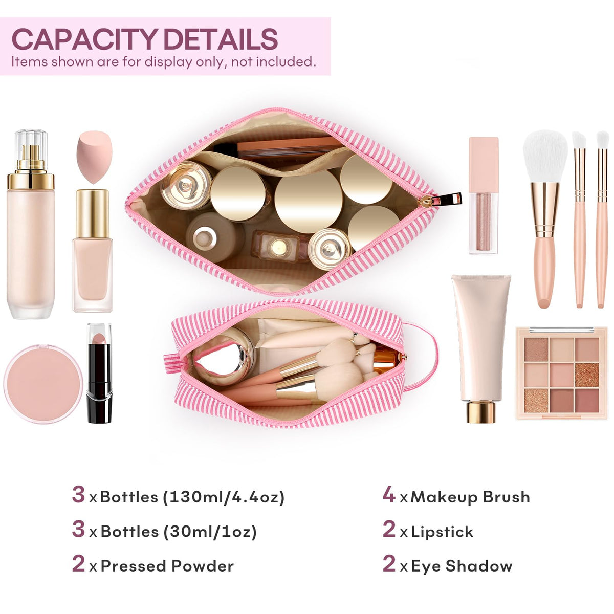 mibasies cosmetic bag open with makeup items inside