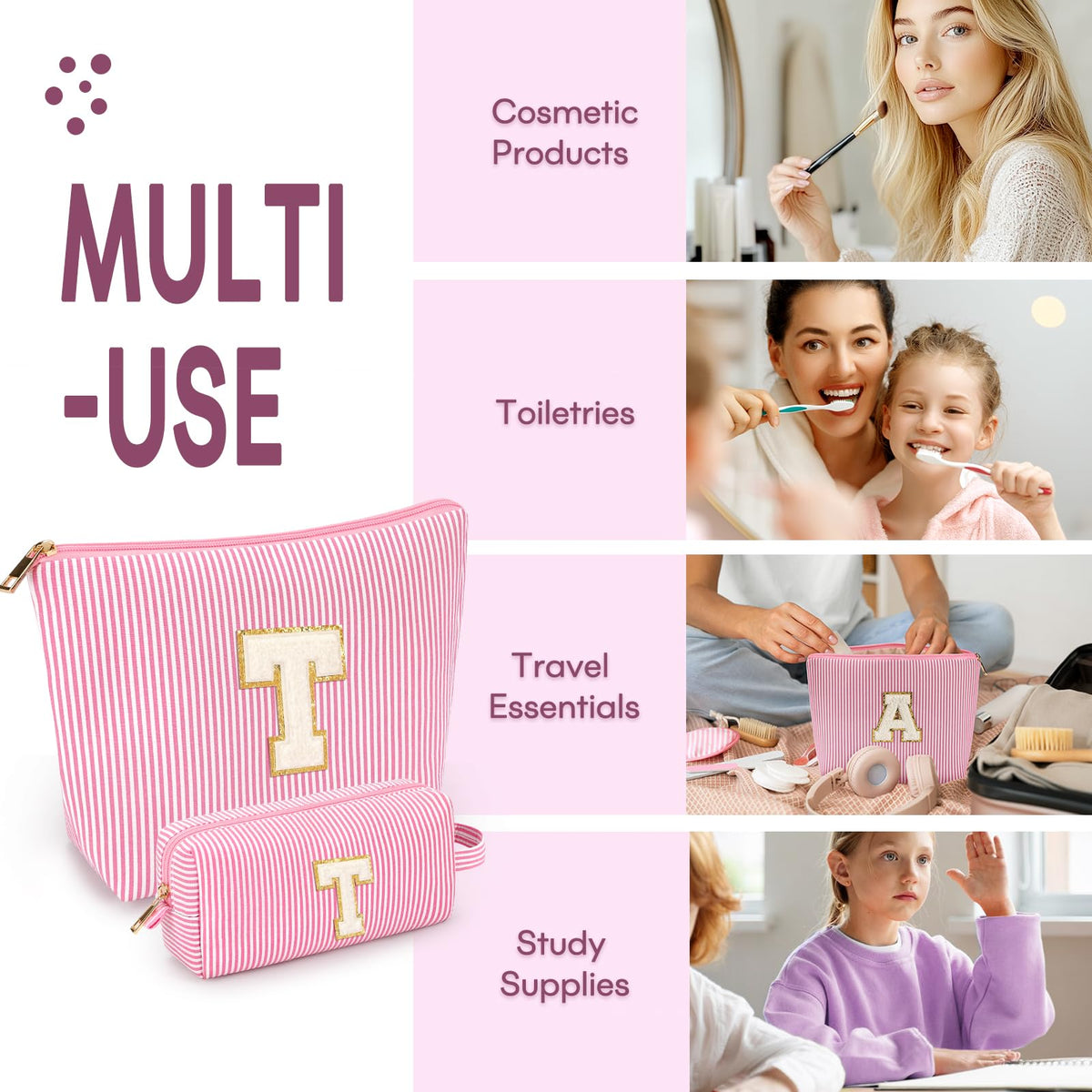 mibasies initial makeup bag alongside travel toiletries