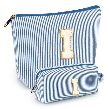 mibasies initial makeup bag blue model front view