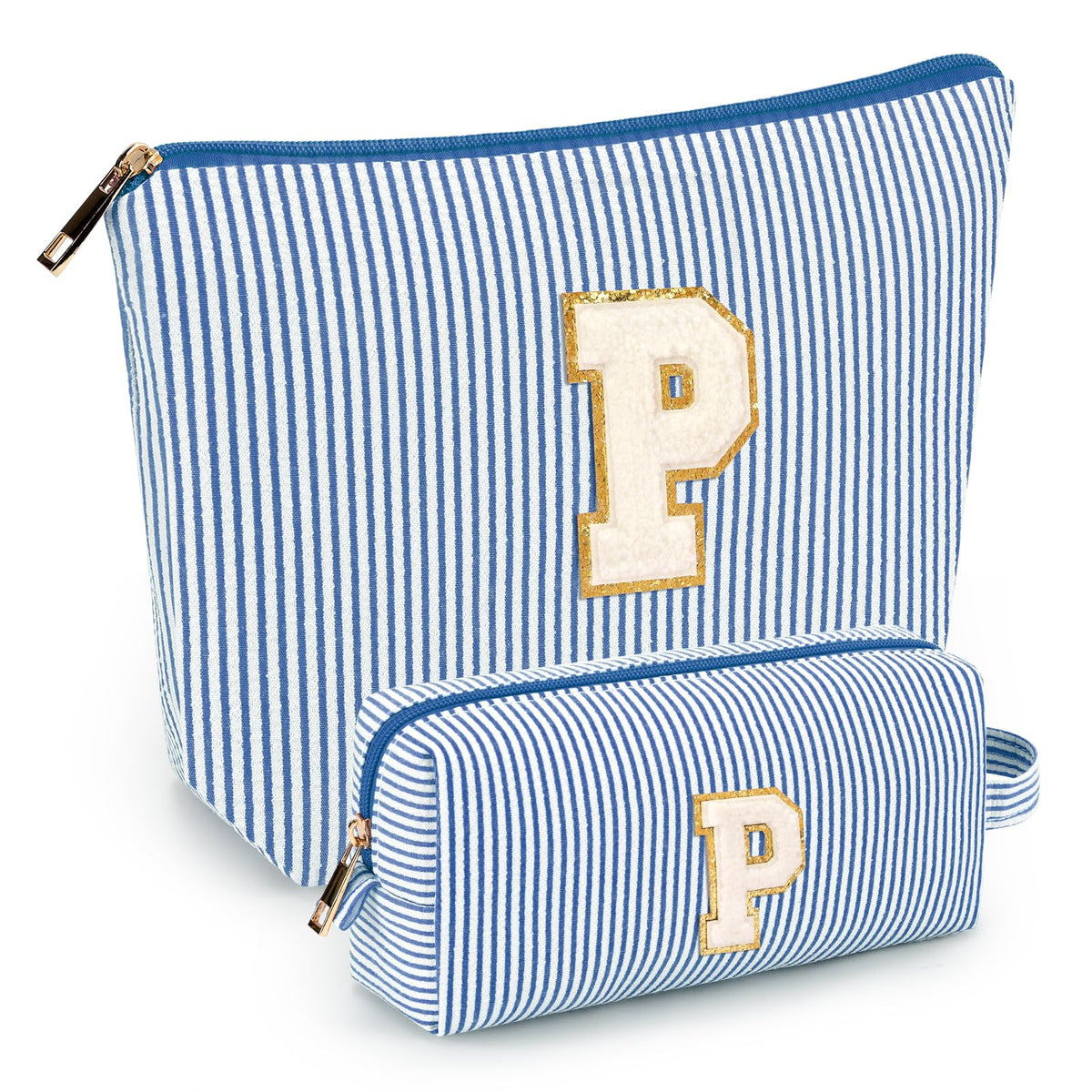 mibasies Initial Makeup Bag in blue with alphabet design front view