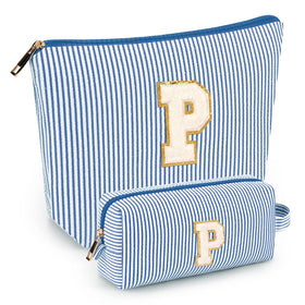 mibasies Initial Makeup Bag in blue with alphabet design front view