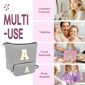 mibasies Initial Makeup Bag in purple on a vanity