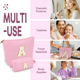 mibasies Initial Makeup Bag in yellow displayed with cosmetics
