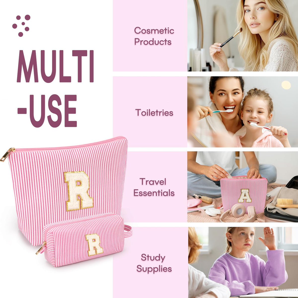 mibasies initial makeup bag yellow open with cosmetics