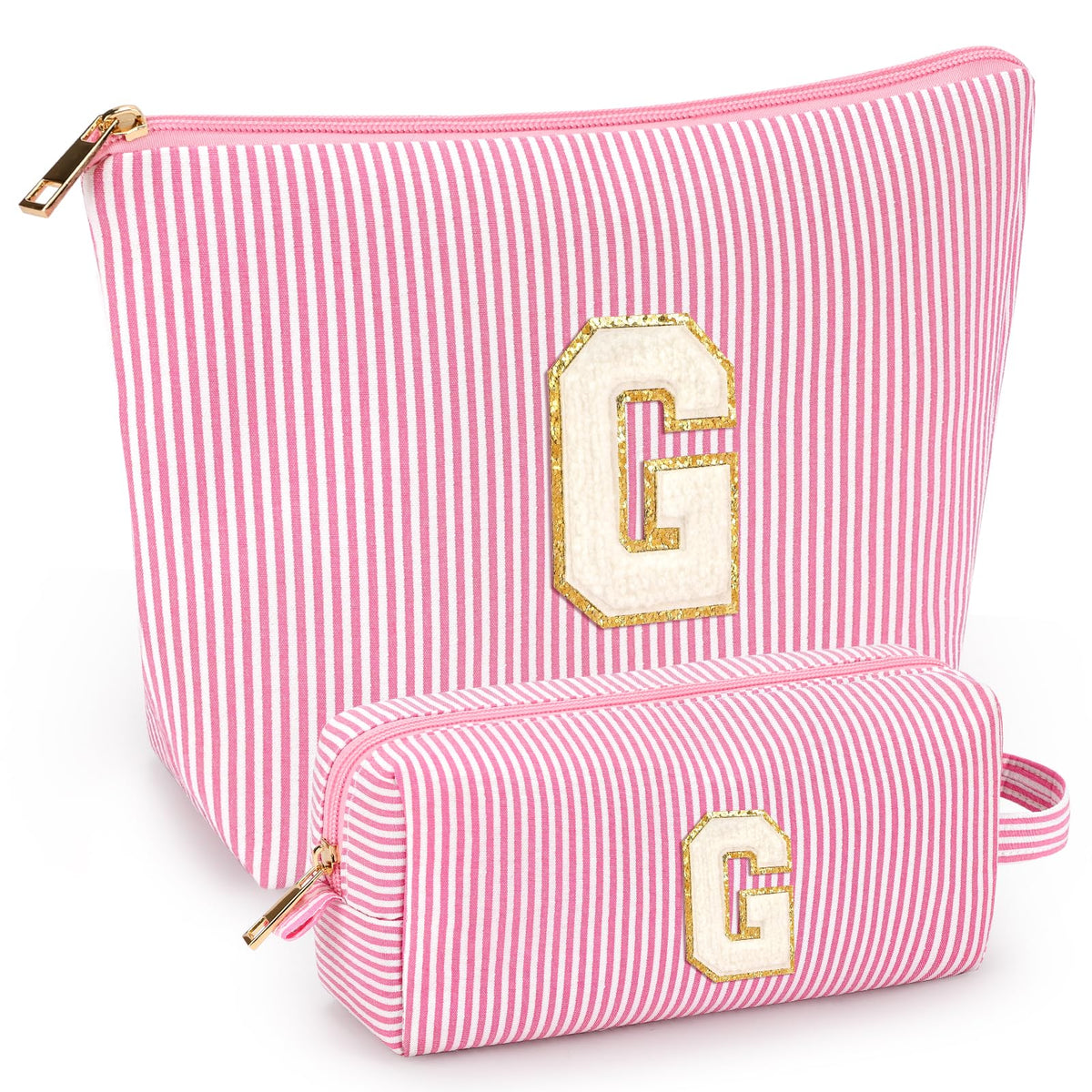 mibasies pink cosmetic bag front view with alphabet letters
