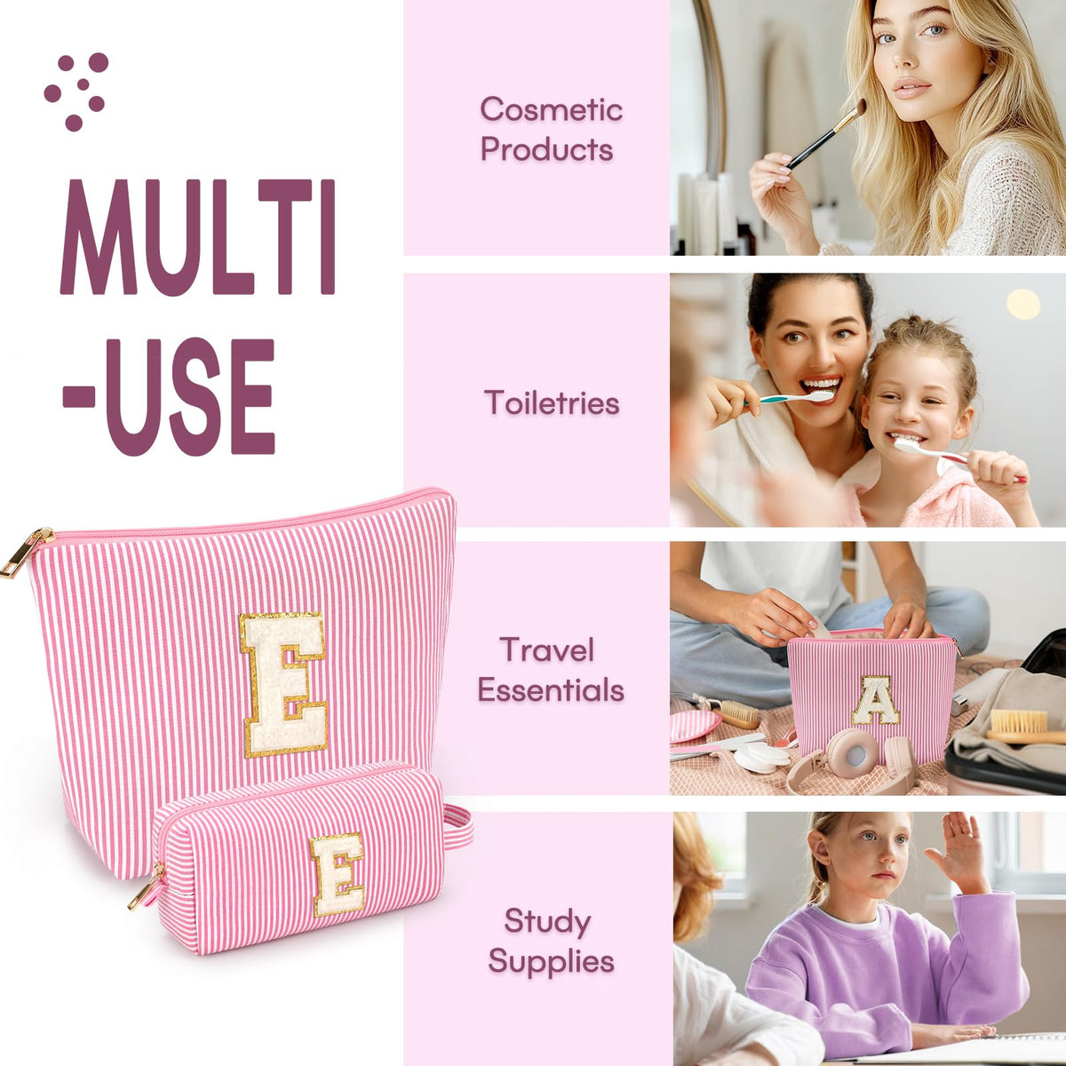 mibasies pink cosmetic bag opened with makeup items inside